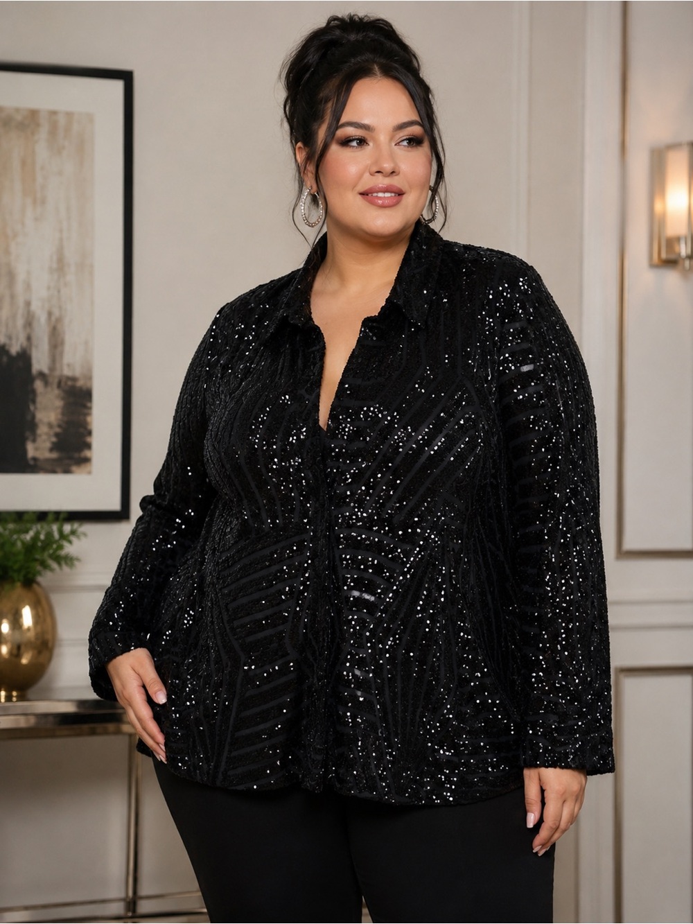 AKIRA Black Sequin Button-Down Formal Blouse or Blazer